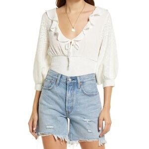 Free People Billie Cascade Ruffle Tie Puff Sleeve Smocked Ivory Sweater Large